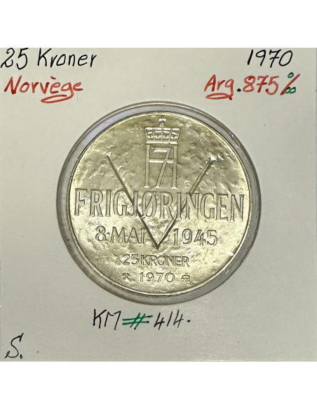 NORVEGE - 25 KRONER 1970 - Pièce de Monnaie en Argent - SUP