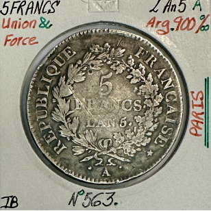 5 FRANCS UNION ET FORCE - L'AN 5A - Pièce de Monnaie en...