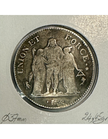 5 FRANCS UNION ET FORCE - L'AN 5A - Pièce de Monnaie en Argent // TB