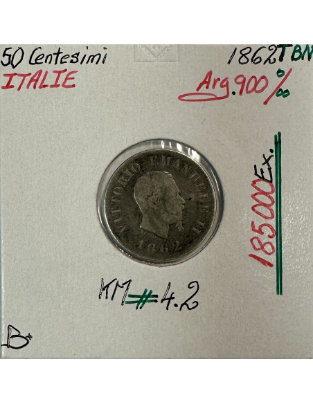 ITALIE - 50 CENTESIMI 1862T BN - Pièce de Monnaie en Argent // Qualité : B