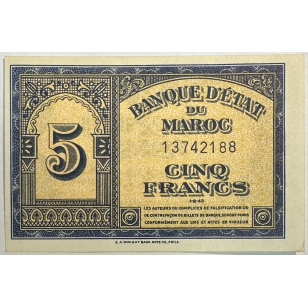 MAROC - 5 FRANCS (1.8.43) - Billet de banque // Qualité :...