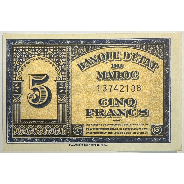 MAROC - 5 FRANCS (1.8.43) - Billet de...
