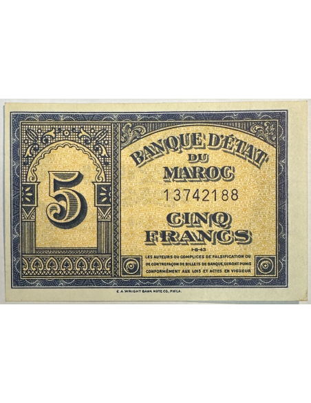 MAROC - 5 FRANCS (1.8.43) - Billet de banque // Qualité : TTB (N° 13742188)