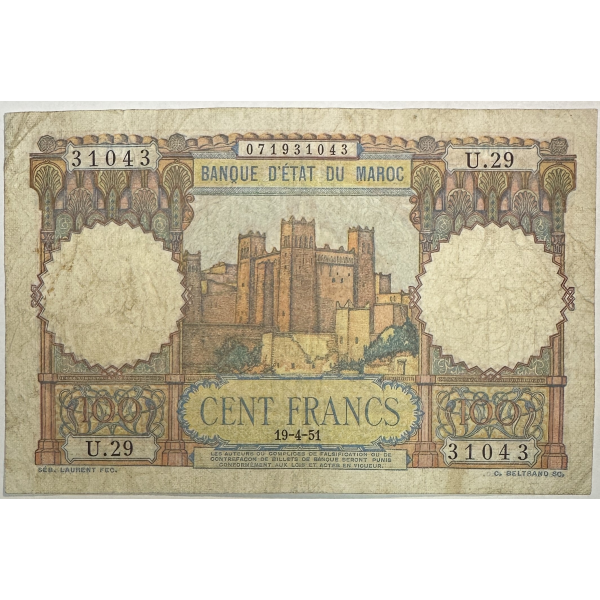 MAROC - 100 FRANCS (19.4.1951) -...