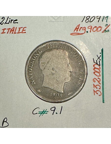 ITALIE - 2 LIRE 1809 M - NAPOLEON - Pièce de Monnaie en Argent // Qualité : B