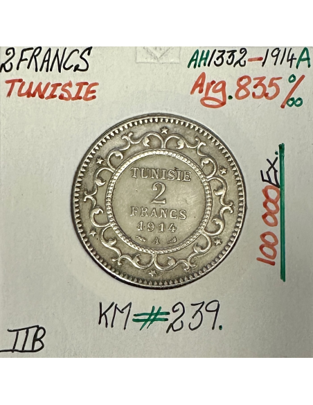 TUNISIE - 2 FRANCS 1914A (AH 1332) - Pièce de Monnaie en Argent // Qualité : TTB