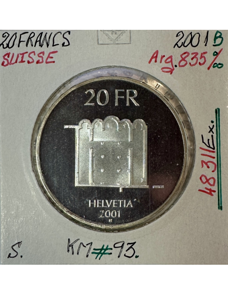 SUISSE - 20 FRANCS 2001 B - Pièce de Monnaie en Argent // Qualité : SUP