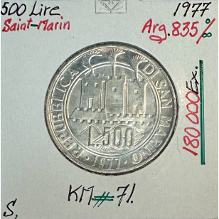 SAINT-MARIN - 500 LIRE 1977 - Pièce de Monnaie en Argent...