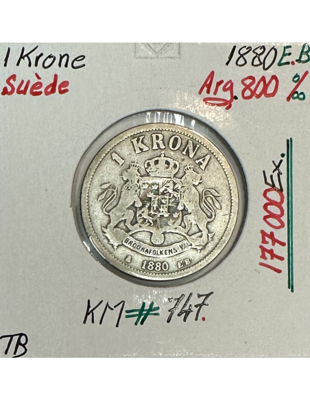 SUEDE - 1 KRONE 1880 E.B - Pièce de Monnaie en Argent // Qualité : TB