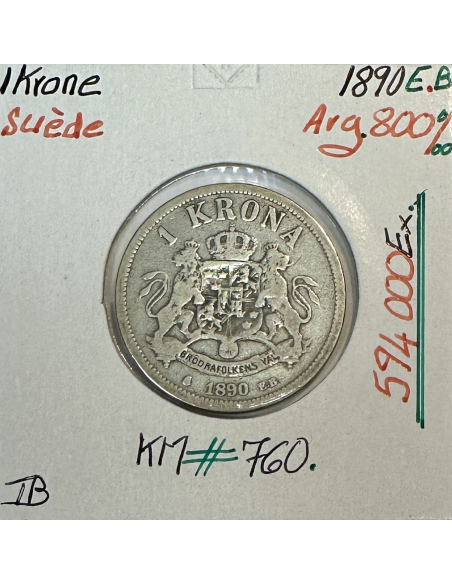 SUEDE - 1 KRONE 1890 E.B - Pièce de Monnaie en Argent // Qualité : TB