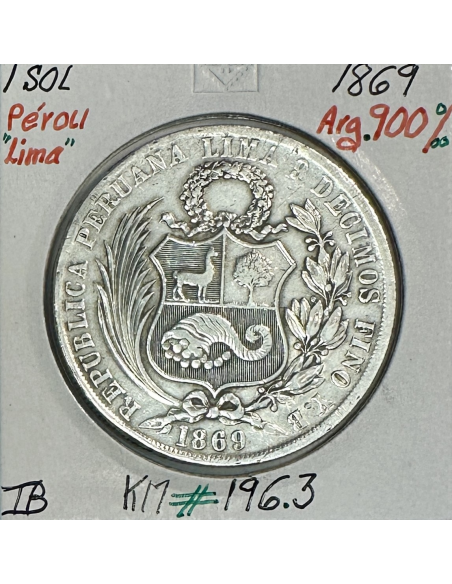PEROU - LIMA - UN SOL 1869 - Pièce de Monnaie en Argent // Qualité : TB