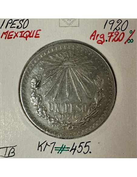 MEXIQUE - 1 PESO 1920 - Pièce de Monnaie en Argent // Qualité : TB