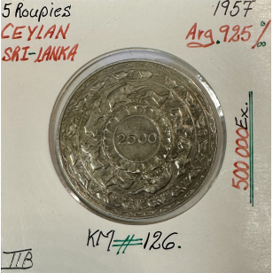 CEYLAN SRI-LANKA - 5 ROUPIES 1957 - Monnaie en ARGENT //...