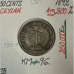 CEYLAN - 50 CENTS 1892 - Pièce de Monnaie en Argent //...