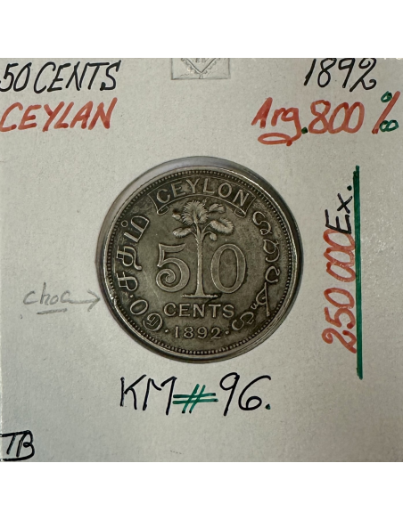 CEYLAN - 50 CENTS 1892 - Pièce de Monnaie en Argent // Qualité : TB