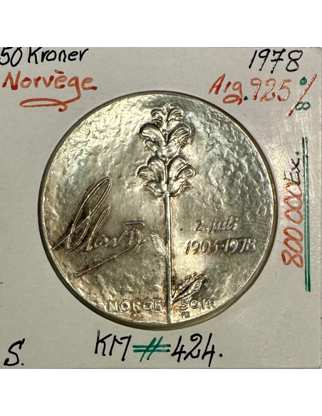NORVEGE - 50 KRONER 1978 - Pièce de Monnaie en Argent - SUP