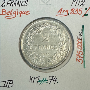 BELGIQUE - 2 FRANCS 1912 - Pièce de Monnaie en Argent // TTB