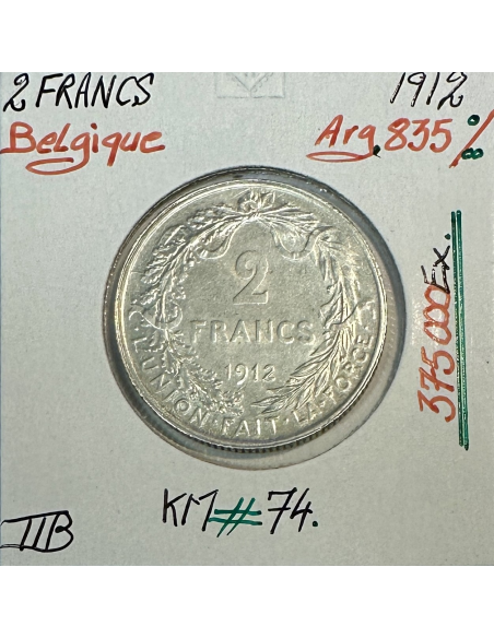 BELGIQUE - 2 FRANCS 1912 - Pièce de Monnaie en Argent // TTB