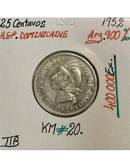 REPUBLIQUE DOMINICAINE - 25 CENTAVOS (1952) Monnaie en Argent // Qualité : TTB