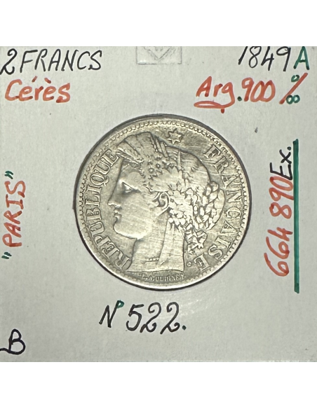 2 FRANCS CERES - 1849A - Pièce de monnaie en Argent // Qualité : B