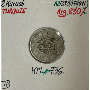 TURQUIE - 2 KURUSH 1891 (AH 1293) - Pièce de Monnaie en...