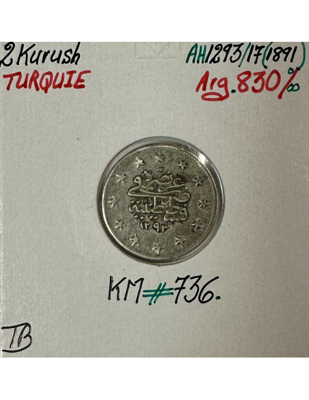 TURQUIE - 2 KURUSH 1891 (AH 1293) - Pièce de Monnaie en Argent // Qualité : TB