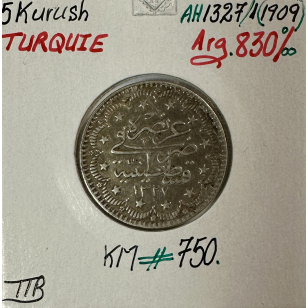 TURQUIE - 5 KURUSH 1909 (AH 1327) - Pièce de Monnaie en...