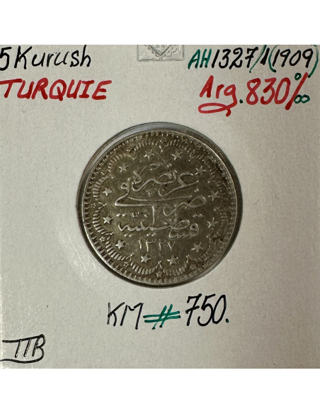 TURQUIE - 5 KURUSH 1909 (AH 1327) - Pièce de Monnaie en Argent // Qualité : TTB