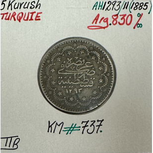 TURQUIE - 5 KURUSH 1885 (AH 1293) - Pièce de Monnaie en...