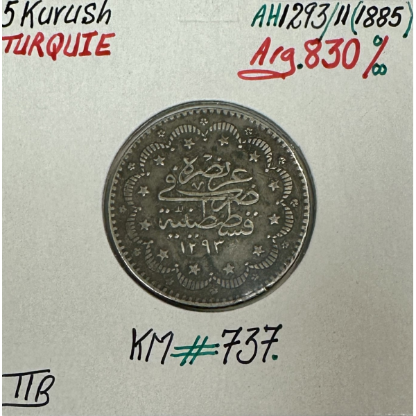 TURQUIE - 5 KURUSH 1885 (AH 1293) -...