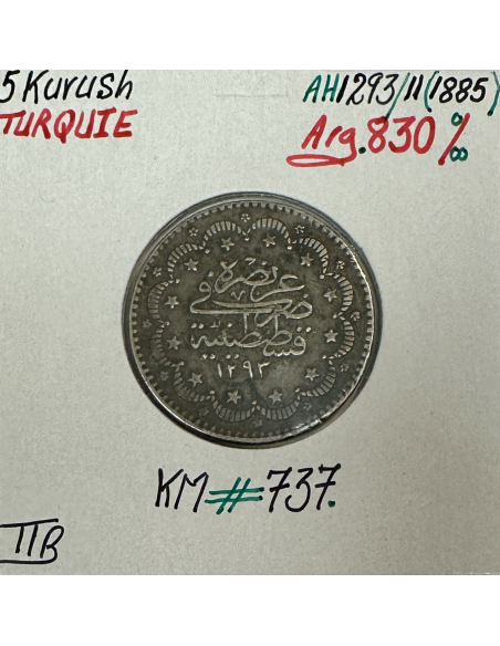 TURQUIE - 5 KURUSH 1885 (AH 1293) - Pièce de Monnaie en Argent // Qualité : TTB