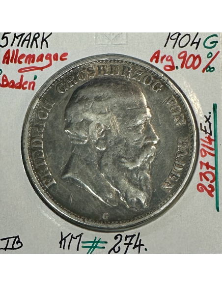 ALLEMAGNE BADEN - 5 MARK 1904 A - Pièce de Monnaie en Argent // Qualité : TB