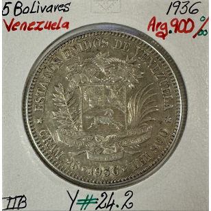 VENEZUELA - 5 BOLIVARES 1936 - Monnaie en Argent //...