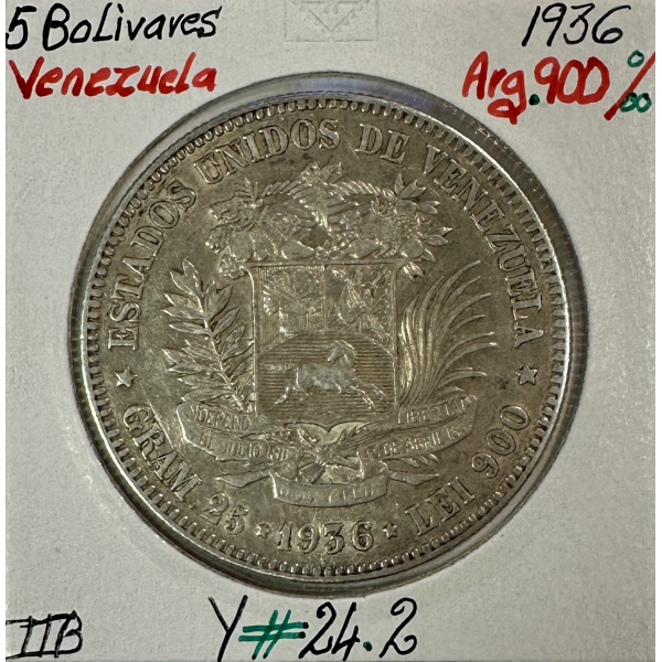 VENEZUELA - 5 BOLIVARES 1936 -...