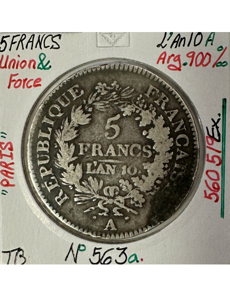 5 FRANCS UNION ET FORCE - L'AN 10A - Pièce de Monnaie en Argent // TB