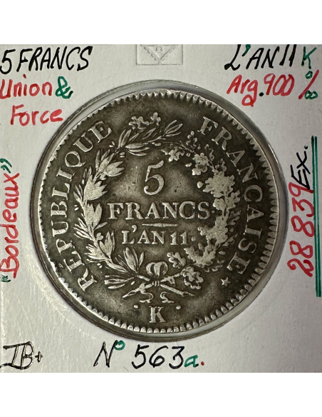 5 FRANCS UNION ET FORCE - L'AN 11K - Pièce de Monnaie en Argent // TB