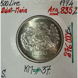 SAINT-MARIN - 500 LIRE 1974 - Pièce de Monnaie en Argent...