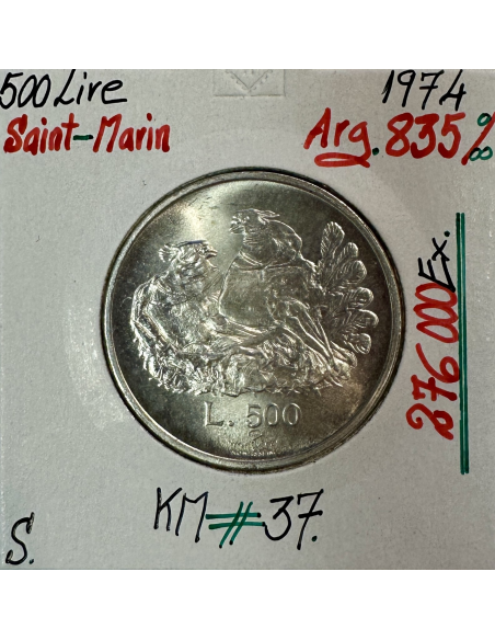 SAINT-MARIN - 500 LIRE 1974 - Pièce de Monnaie en Argent // Qualité : SUP