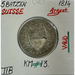 SUISSE VAUD - 5 BATZEN 1814 - Pièce de Monnaie en Argent...