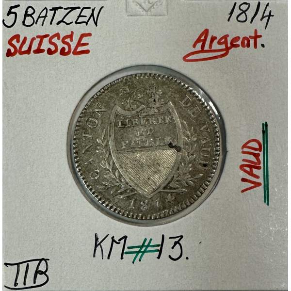 SUISSE VAUD - 5 BATZEN 1814 - Pièce...