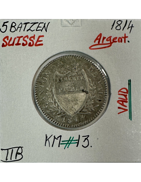SUISSE VAUD - 5 BATZEN 1814 - Pièce de Monnaie en Argent // Qualité : TTB