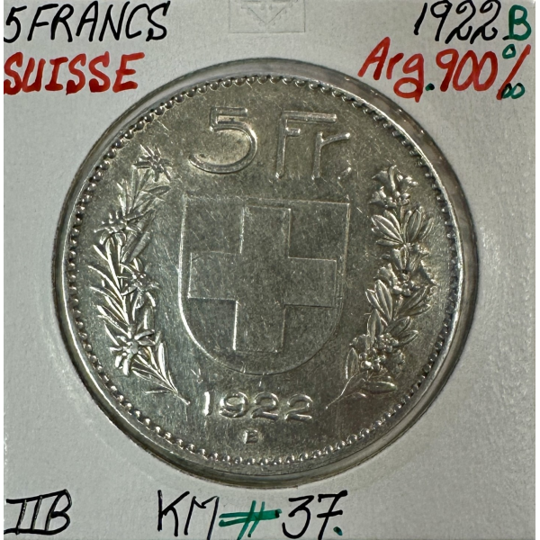 SUISSE - 5 FRANCS 1922 B - Pièce de...
