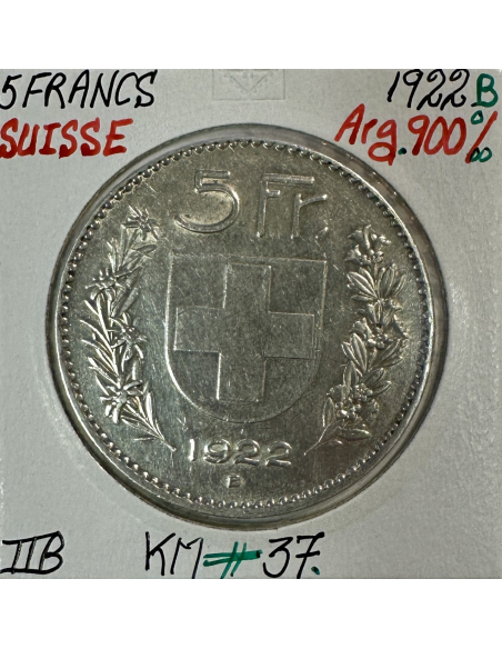 SUISSE - 5 FRANCS 1922 B - Pièce de Monnaie en Argent // Qualité : TTB