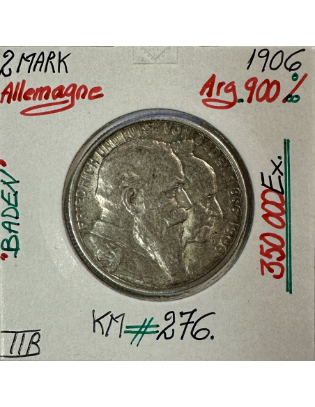 ALLEMAGNE BADEN - 2 MARK 1906 - Pièce de Monnaie en Argent // Qualité : TTB
