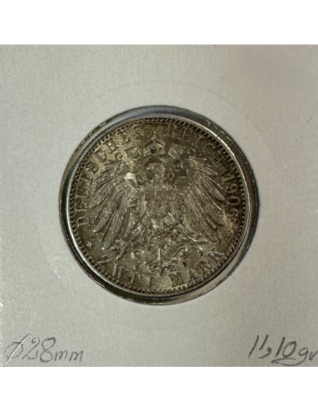 ALLEMAGNE BADEN - 2 MARK 1906 - Pièce de Monnaie en Argent // Qualité : TTB