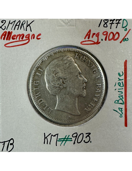 ALLEMAGNE BAVIERE - 2 MARK 1877 D - Pièce de Monnaie en Argent // Qualité : TB