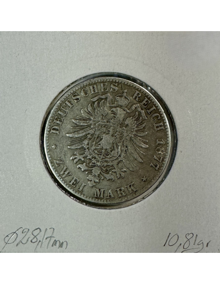 ALLEMAGNE BAVIERE - 2 MARK 1877 D - Pièce de Monnaie en Argent // Qualité : TB