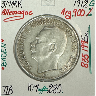 ALLEMAGNE BADEN - 3 MARK - 1912 G - Pièce de Monnaie en...
