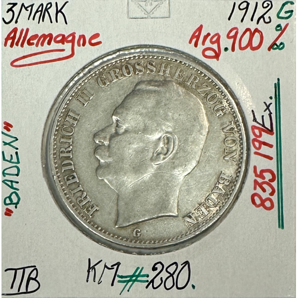 ALLEMAGNE BADEN - 3 MARK - 1912 G -...