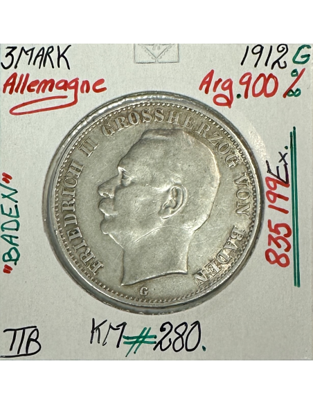ALLEMAGNE BADEN - 3 MARK - 1912 G - Pièce de Monnaie en Argent // Qualité : TTB
